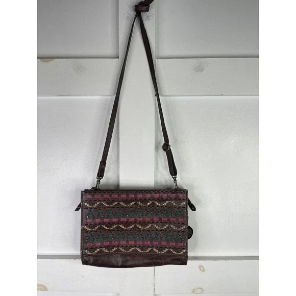 The SAK Crossbody Leather Boho Purse Bag Aztec Tribal Print Pattern Dark Brown - Picture 2 of 9